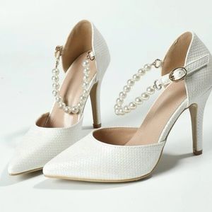 White Pointed  Heels. With Pearl Straps